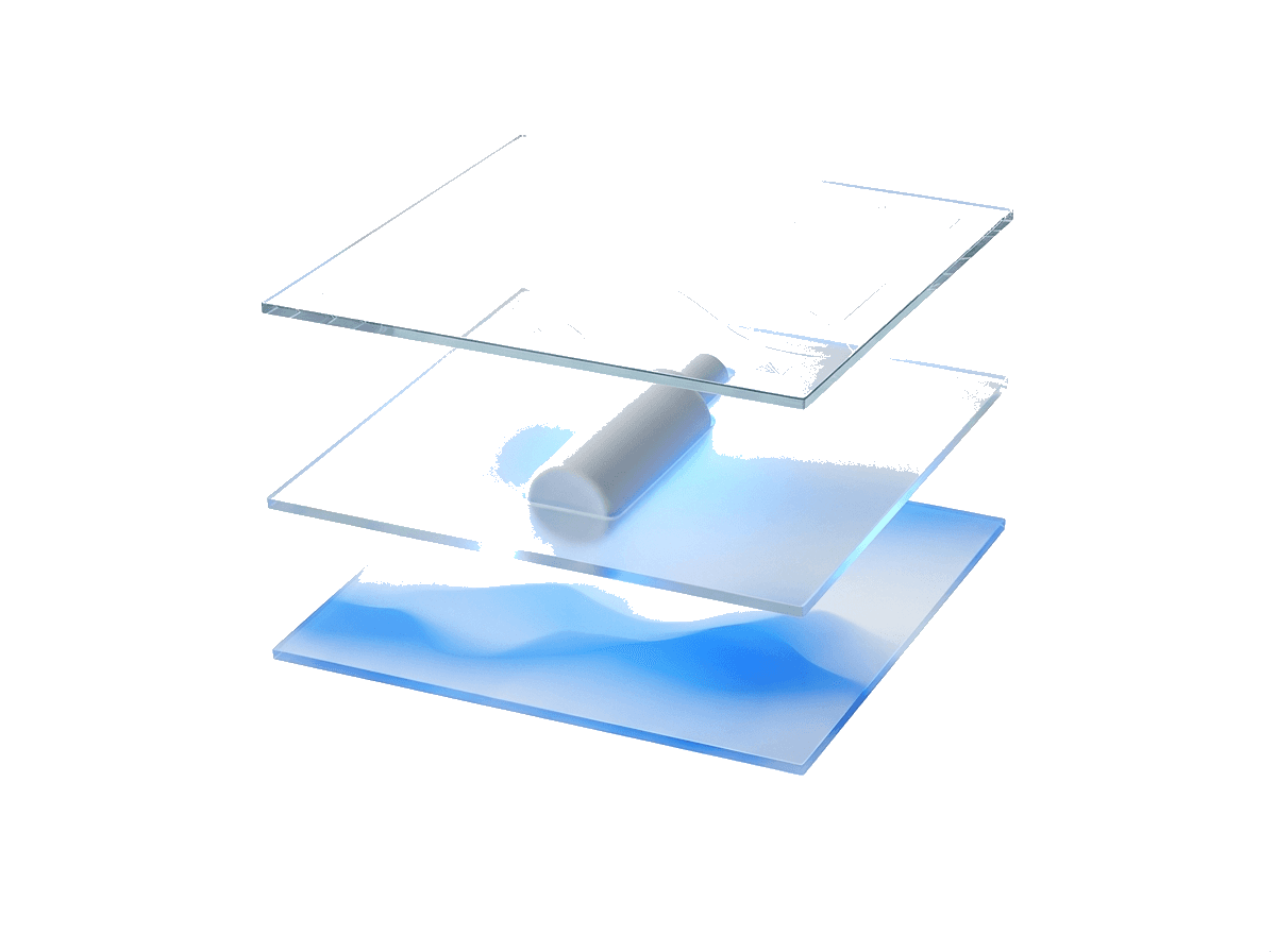 Three layers of the AI pipeline: scene, product and copy as separate glass sheets